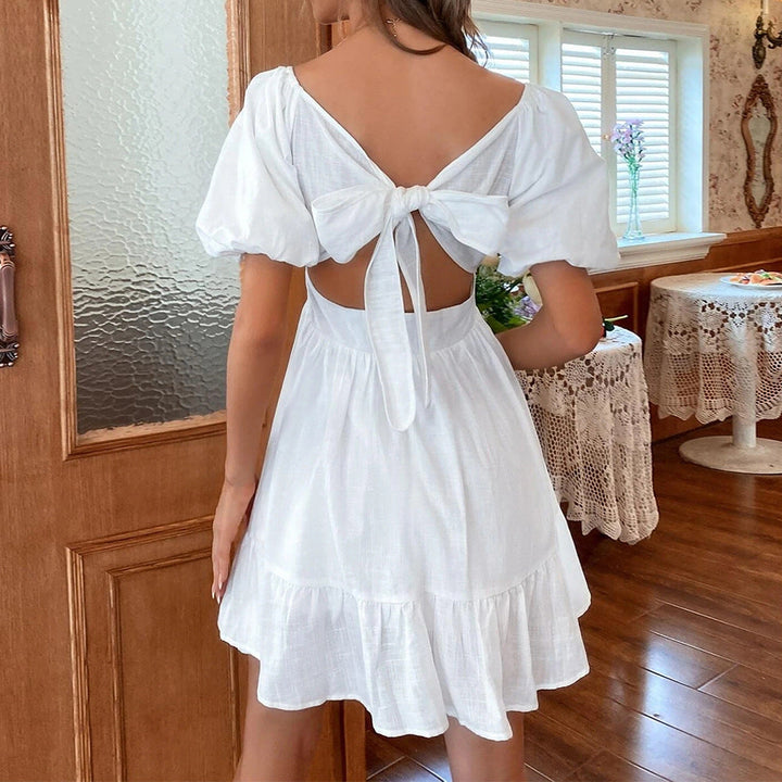 Women’s Mini Dress – Square Neck – Puff Sleeve – Fitted Waist – Tiered Flared Skirt