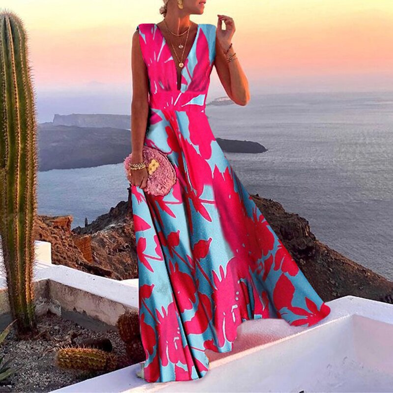 Women’s Maxi Dress – Flowing Fit – Deep V-Neck – Sleeveless – Geometric Pattern