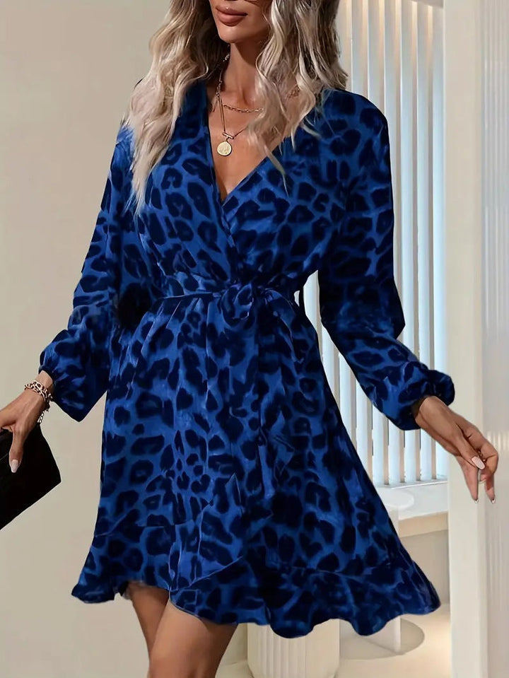 Women’s Midi Dress – V-Neck – Tie Waist – Long Sleeve – Ruffle Hem – Animal Print