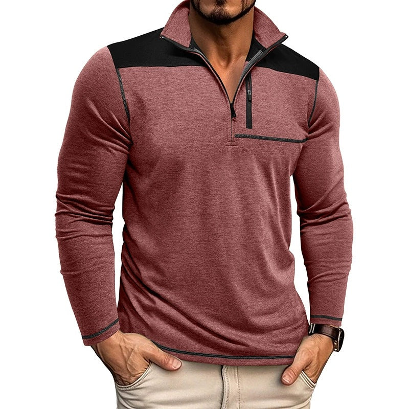 Men’s Pullover Shirt – Slim Fit – Soft Knit – Half Zip – Contrast Panel – Long Sleeve