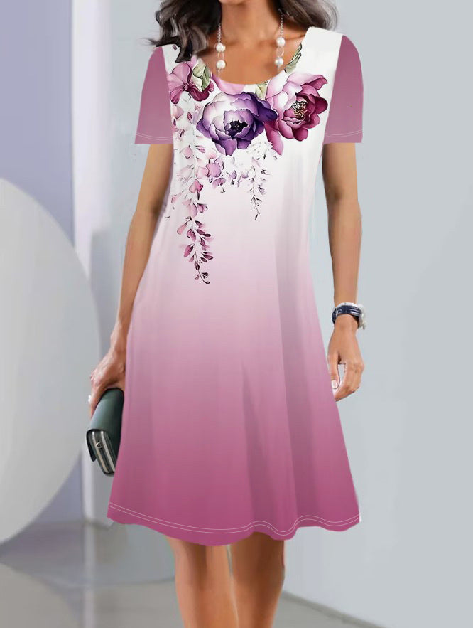 Women’s A-Line Dress – Cotton – Short Sleeve – Knee Length – Floral Print
