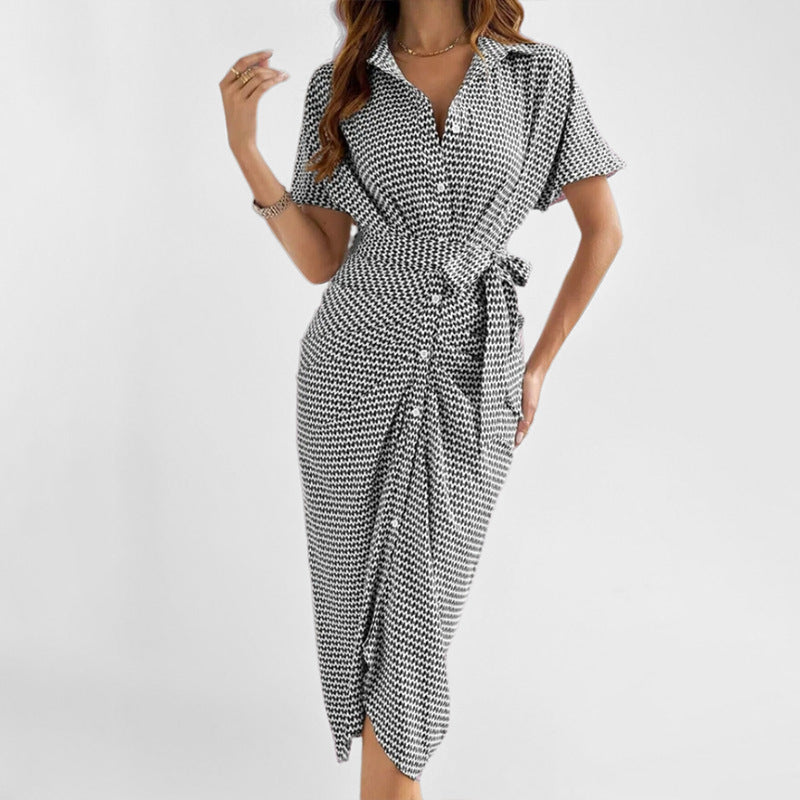 Women’s Shirt Dress – Midi Length – Short Sleeve – Tie Waist – Button Front – Patterned
