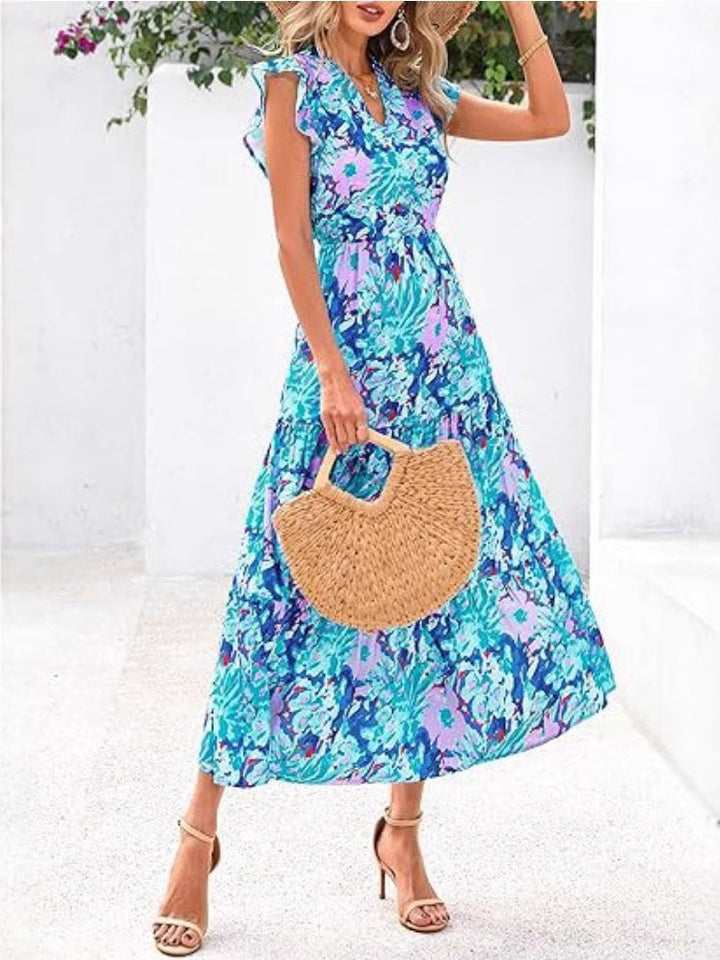 Women’s Midi Dress – Relaxed Fit – V-Neck – Flutter Sleeves – Breathable Blend – Printed