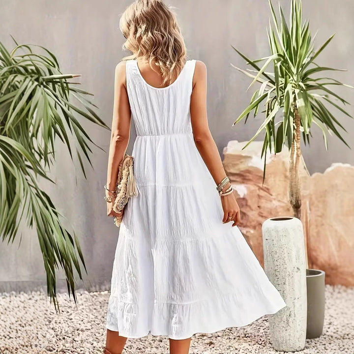 Women’s Maxi Dress - Sleeveless Tiered Skirt - Scoop Neck - Button Front Casual Fit