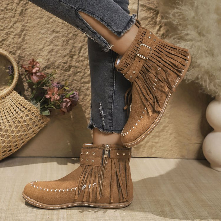 Women’s Short Boots - Suede Fringe - Metal Studded - Flat Sole - Side Zip Closure