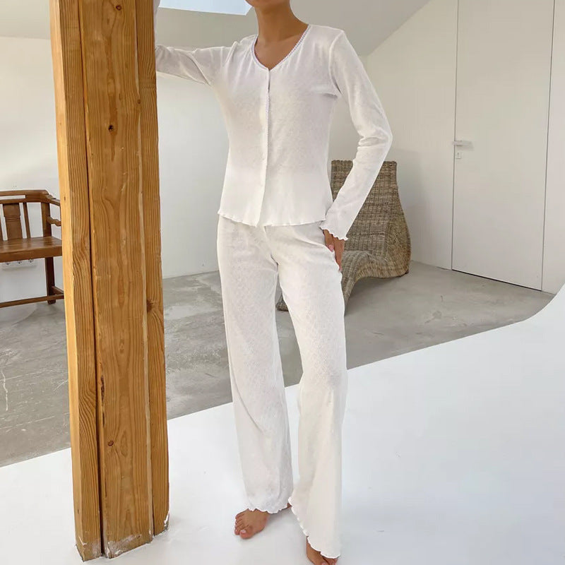 Women’s Loungewear Set – Soft Cotton – Relaxed Fit – Button Top & Wide-Leg Pants