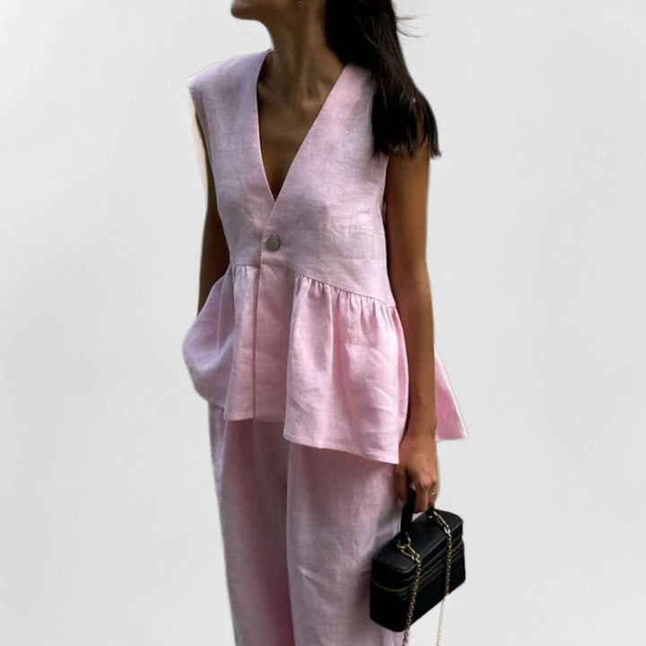 Women's Two-Piece Set - Peplum Sleeveless V-Neck Top - Button Closure - High-Waist Wide-Leg Pants