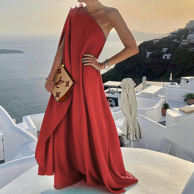 Women’s Maxi Dress – One-Shoulder Draped Silhouette – Flowing Fit