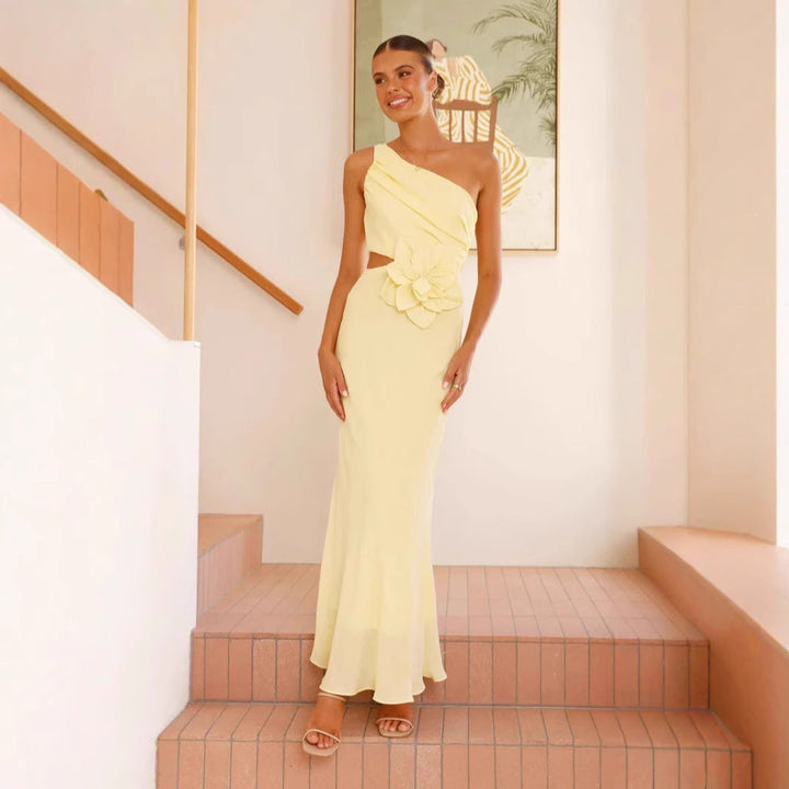 Women’s Evening Gown – One-Shoulder Cut-Out – Floral Waist Applique – Maxi Length Fit