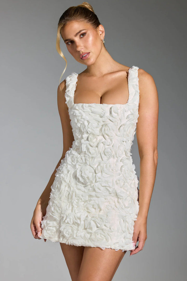 Women’s Mini Dress – Slim Fit – 3D Floral Appliqué – Square Neck – Sleeveless Party Wear