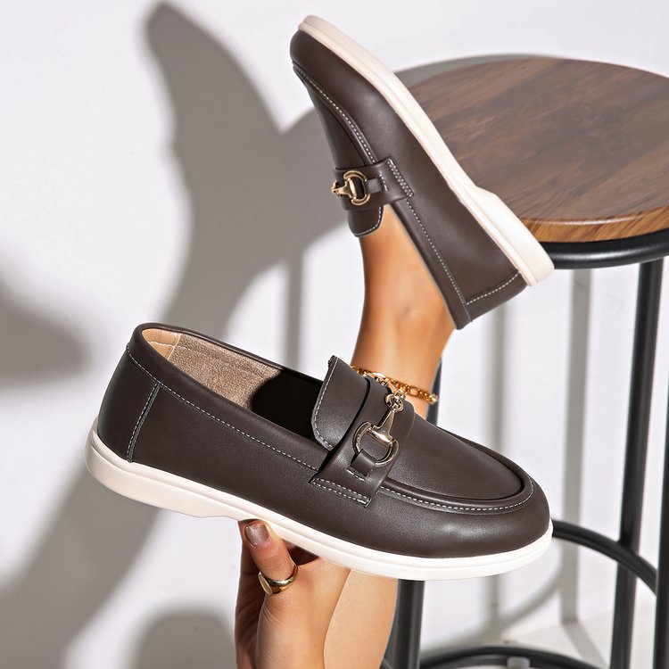 Women's Leather Loafers – Slip-On Design – Metal Detail – Flat Sole – Round Toe
