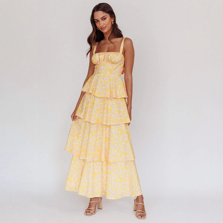 Women’s Maxi Dress - Tiered Ruffle Skirt - Square Neckline - Fitted Waist - Floral Print