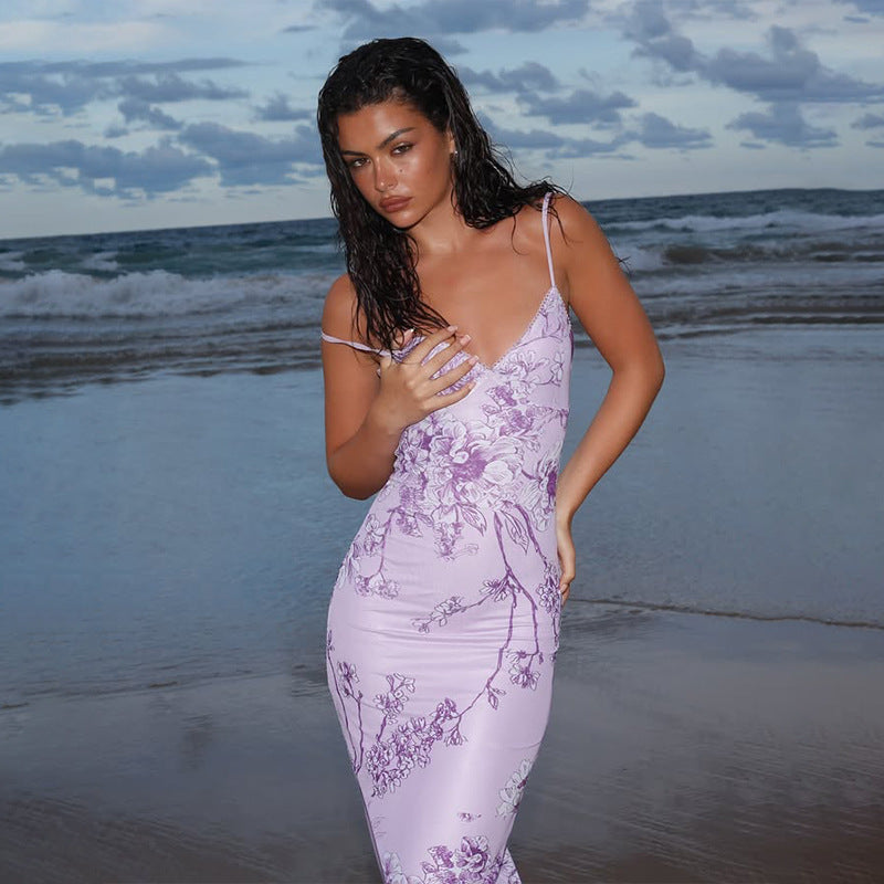 Women’s Maxi Dress - V-Neck A-Line - Floral Print - Spaghetti Straps - Lightweight Fabric