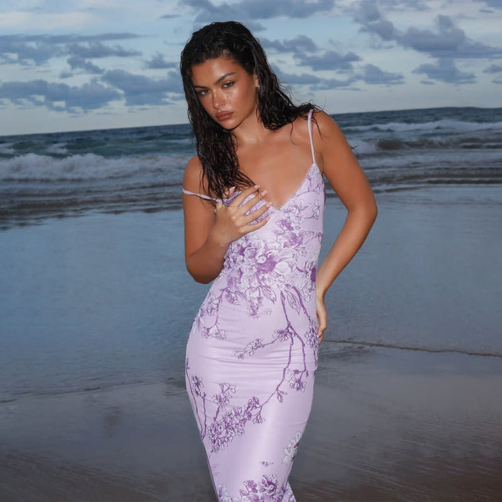 Women’s Maxi Dress - V-Neck A-Line - Floral Print - Spaghetti Straps - Lightweight Fabric