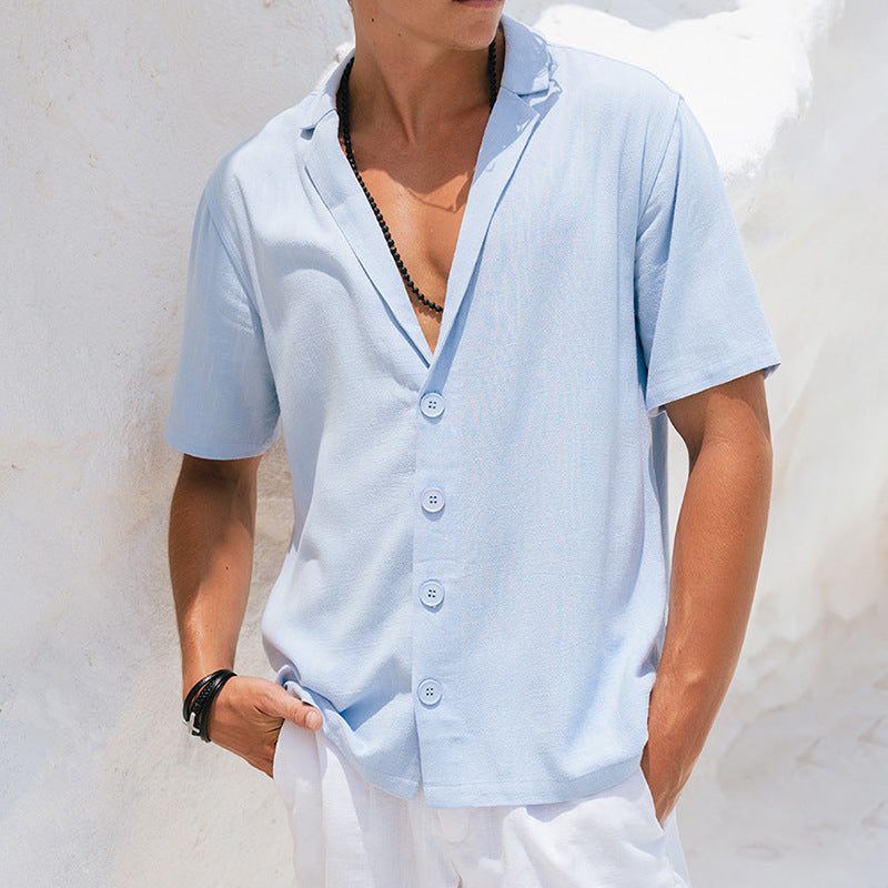 Men’s Casual Shirt - Relaxed Fit - Deep V-Neck - Notched Lapel - Short Sleeve Breathable