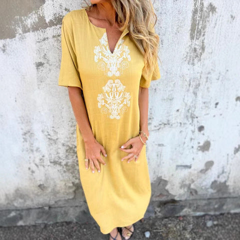 Women’s Midi Dress – Natural Fibers – Relaxed Fit – Embroidered Front – Short Sleeve