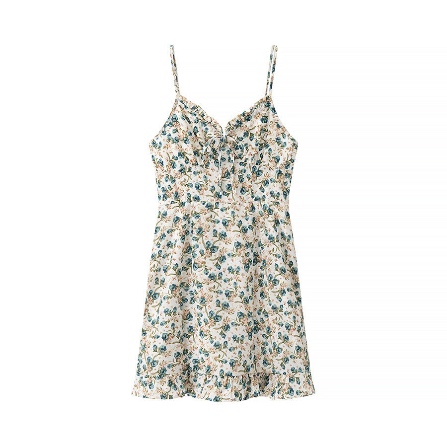 Women’s Mini Dress – Floral Print – Spaghetti Straps – Gathered Neckline – Flared Skirt