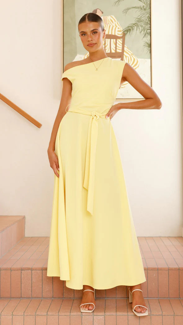 Women’s Maxi Dress – One-Shoulder Neckline – Waist Belt – A-Line Silhouette – Elegant Fit