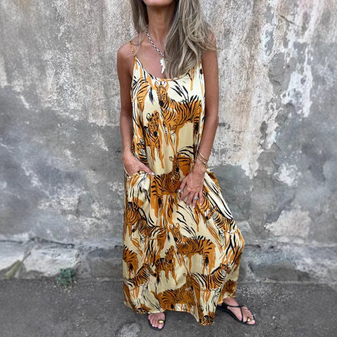 Women’s Maxi Dress – Relaxed Fit – Adjustable Straps – Bold Print – Natural Fibers – Pockets