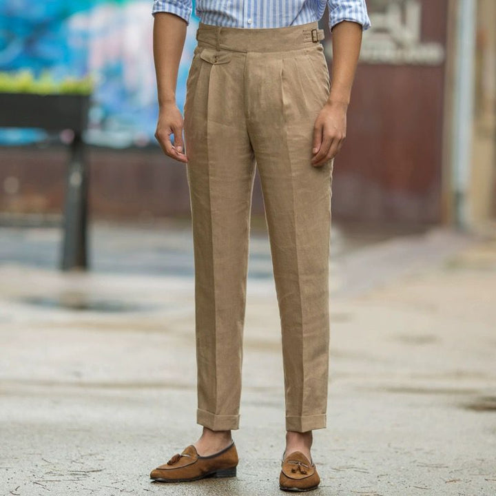 Men’s Tailored Trousers - Slim Fit - High Waist - Linen - Pleated Front - Cuffed Hem