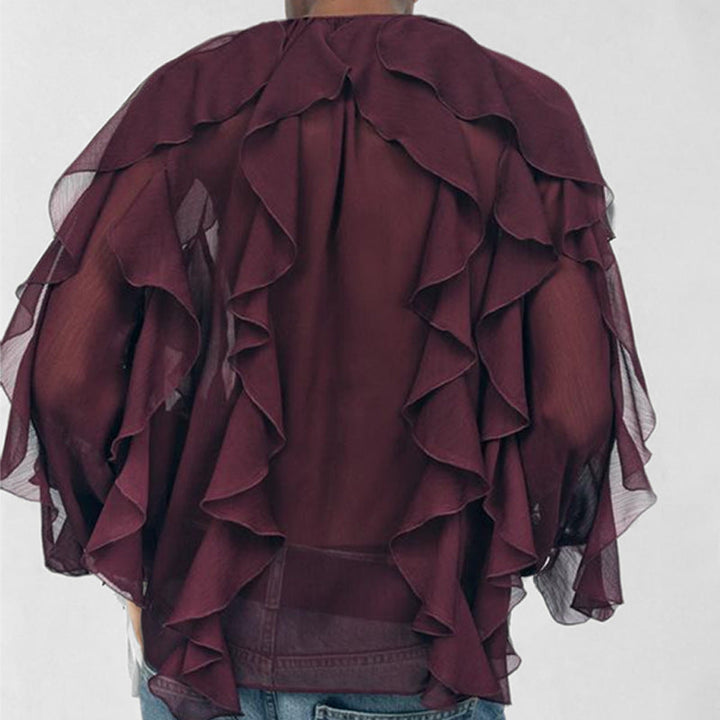 Women’s Blouse – Chiffon Fabric – Loose Fit – V-Neck – Long Sleeve – Ruffle Front – Button Down