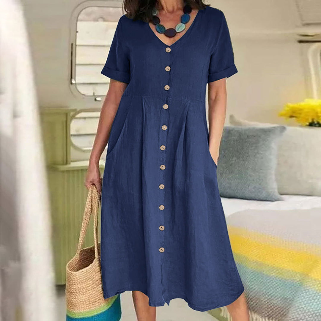 Women's V-Neck Button-Front Midi Dress - Short Sleeves