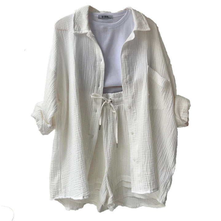 Women’s Two-Piece Set – Relaxed Crinkled Shirt – High-Waisted Drawstring Shorts