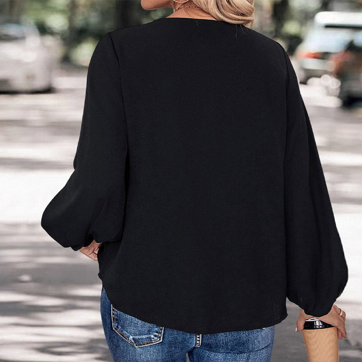 Women’s Blouse – V-Neck – Loose Fit – Long Puff Sleeve – Contrast Front Panel