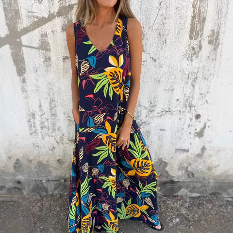 Women’s Maxi Dress – Sleeveless A-Line – V-Neck – Breathable Blend – Flowy Fit