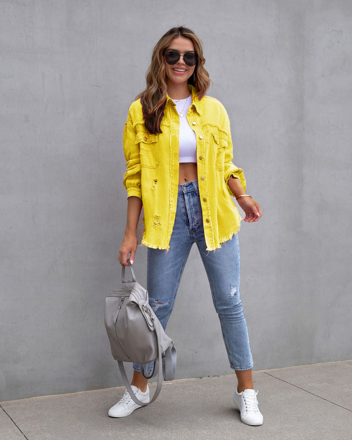 Women’s Denim Jacket – Oversized Fit – Mid Length – Distressed Frayed Casual Layer