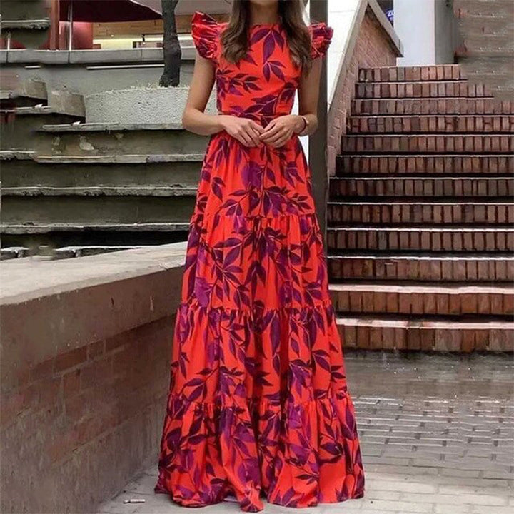 Women’s Maxi Dress – Tiered Skirt – Ruffled Sleeves – Fitted Bodice – Leaf Print