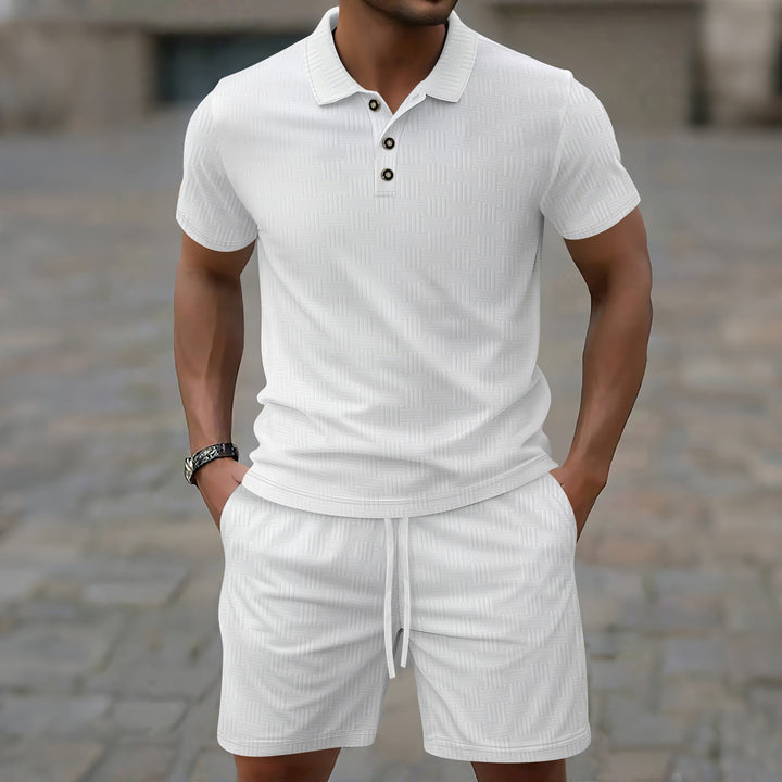 Men’s Casual Set – Short-Sleeve T-Shirt – Slim Fit – Textured Fabric – Button Placket – Collared Neckline