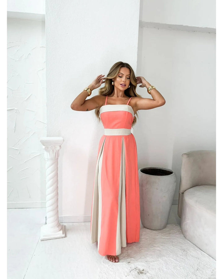 Women’s Maxi Dress – A-Line Fit – Square Neckline – Strappy Bodice – Panel Detailing