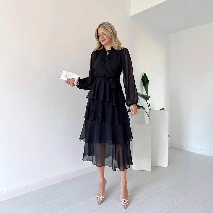 Women’s Midi Dress – Tiered A-Line Silhouette – Sheer Long Sleeve – High Neck Tie Waist