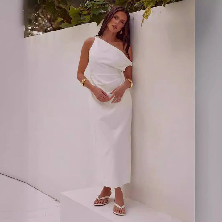 Women’s One-Shoulder Dress – Fitted Silhouette – Asymmetric Neckline – Flowing Maxi Skirt