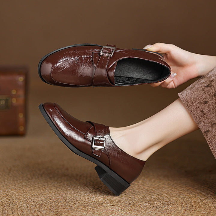 Women’s Loafers - Textured Faux Leather - Buckle Strap - Low Heel - Classic Fit