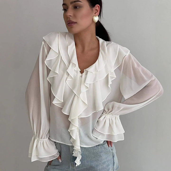 Women’s Blouse – Sheer Lightweight Fabric – Relaxed Fit – Ruffle V-Neck – Long Sleeve