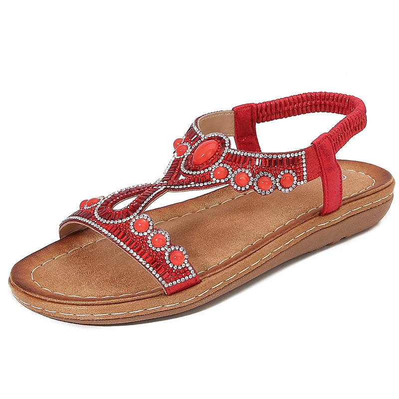 Women’s Sandals – Flat Sole – Cushioned Footbed – Crystal Embellished Thong Strap