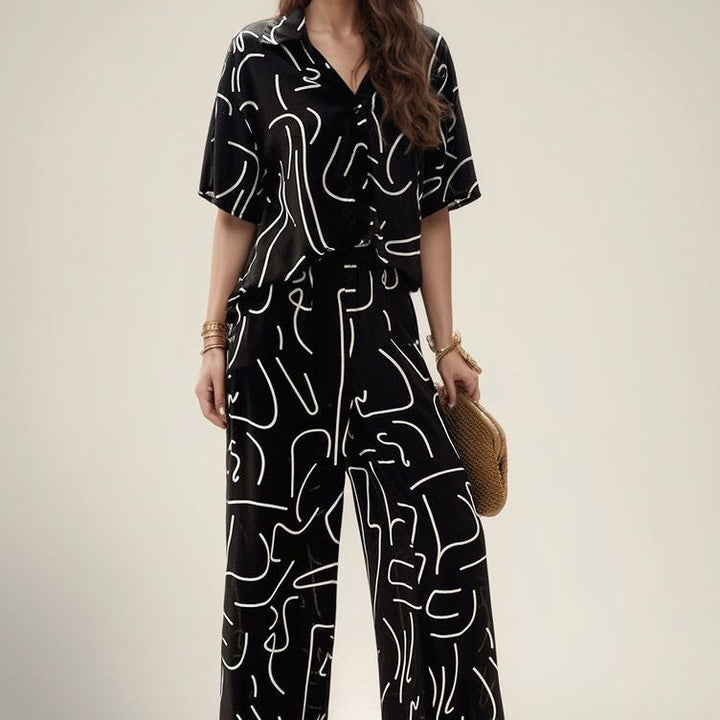 Women’s Two-Piece Set – V-Neck Collared Top – Short Sleeve – Wide-Leg Pants – Relaxed Fit
