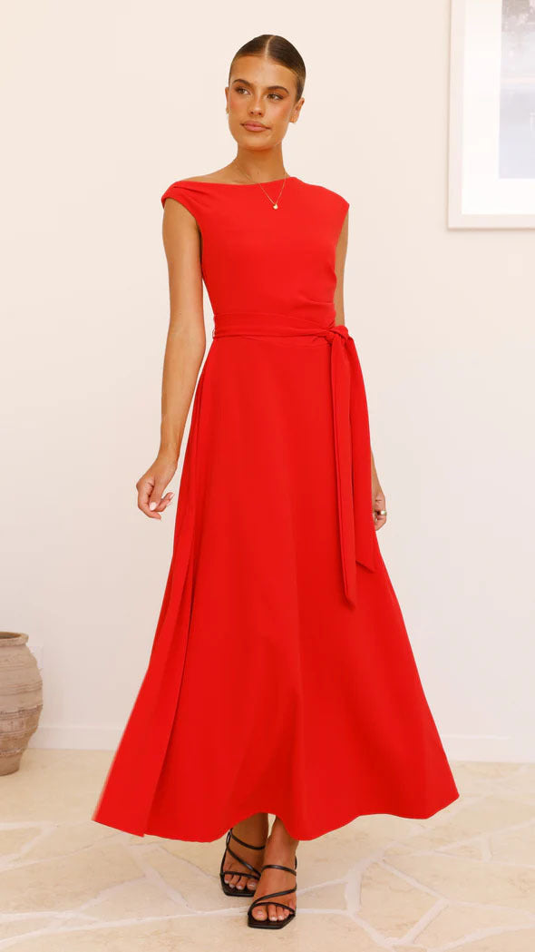 Women’s Maxi Dress – One-Shoulder Neckline – Waist Belt – A-Line Silhouette – Elegant Fit