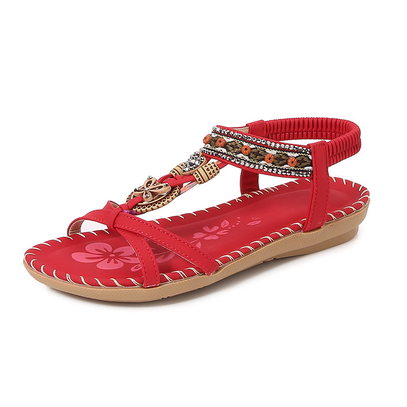 Women's Flat Sandals – Braided Strap – Rhinestone Embellished – Open Toe Casual Style
