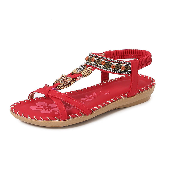 Women's Flat Sandals – Braided Strap – Rhinestone Embellished – Open Toe Casual Style