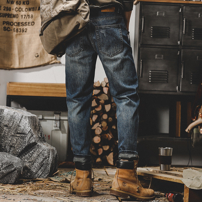 Men’s Jeans - Relaxed Fit - Straight Leg - Distressed Stone Washed Denim - Casual Wear