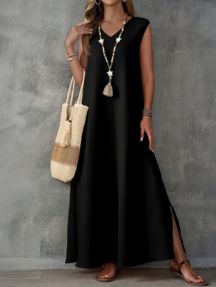 Women’s Maxi Dress – Flowing Fit – V-Neck – Sleeveless – Side Slits – Cotton