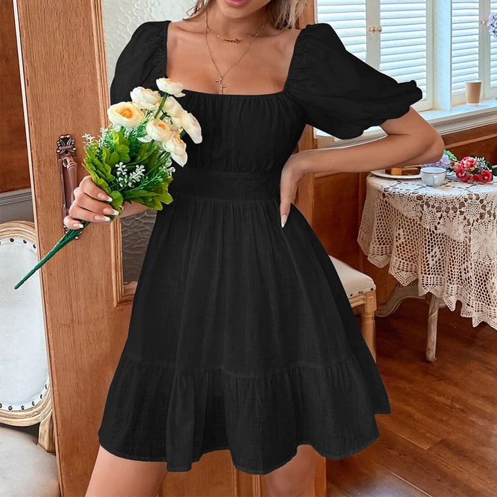 Women’s Mini Dress – Square Neck – Puff Sleeve – Fitted Waist – Tiered Flared Skirt