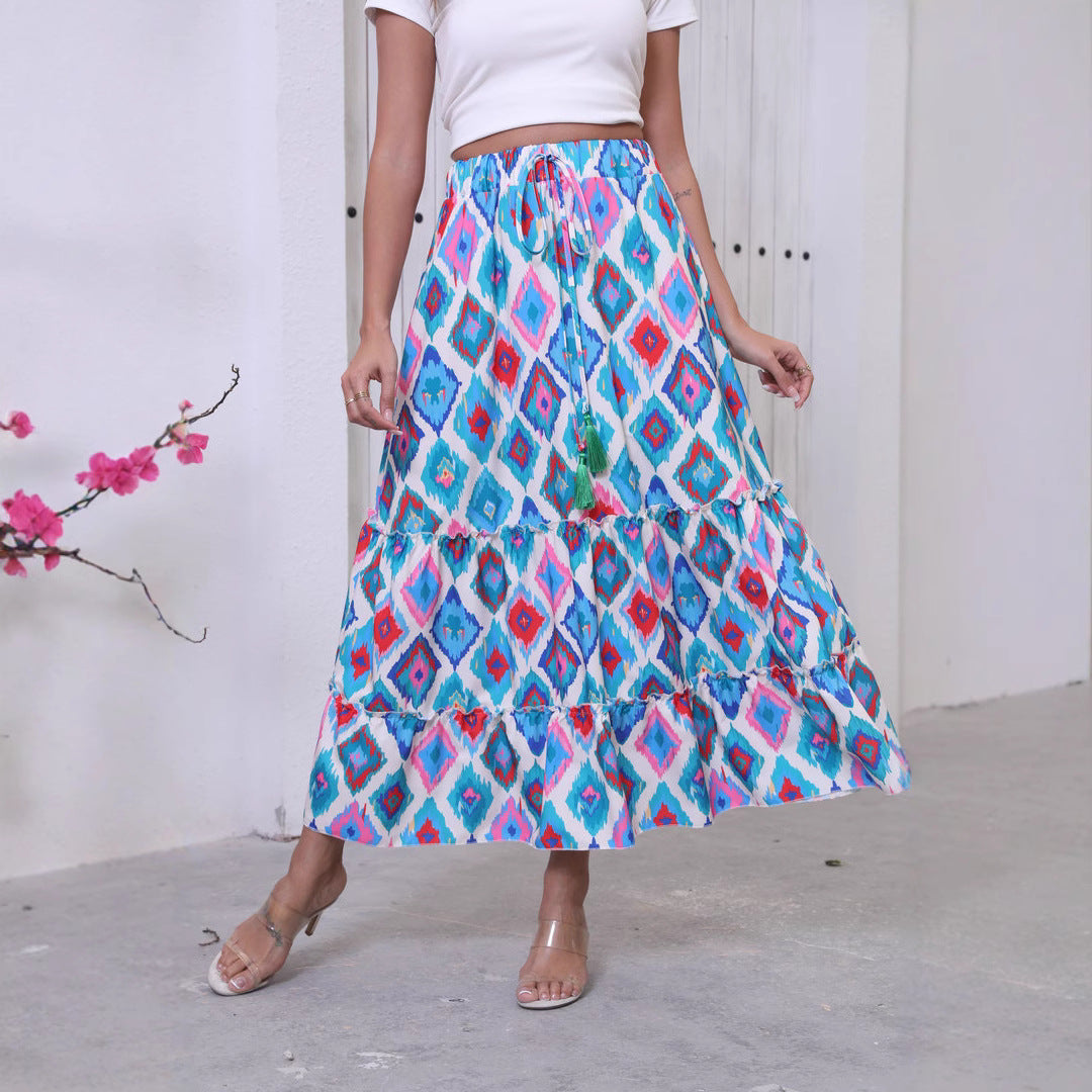 Women’s Maxi Skirt - Cotton Blend - Tiered Boho Fit - Fringe Waist - Flowing Silhouette