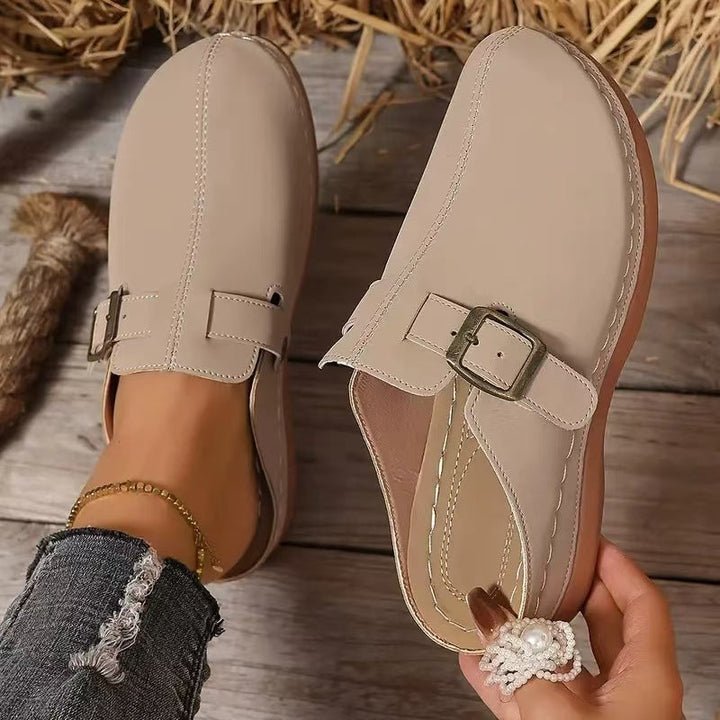 Women’s Wedge Mule Sandals – Closed Toe – Buckle Strap – Cushioned Insole – Casual Fit