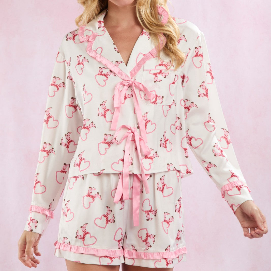 Women’s Pajama Set – Soft Cotton Feel – Button-Up Top – Elastic Waist Shorts – Bow Print