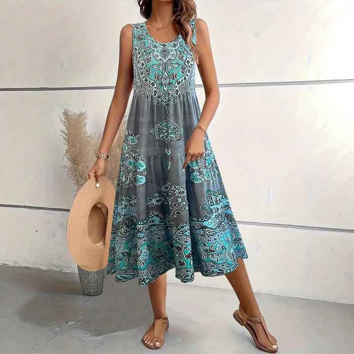 Women’s Midi Dress – A-Line Fit – Cotton Blend – Sleeveless – U-Neck – Floral Print