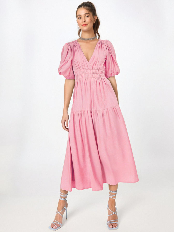Women’s Midi Dress – A-Line Silhouette – Deep V-Neck – Puff Sleeves – Tiered Skirt